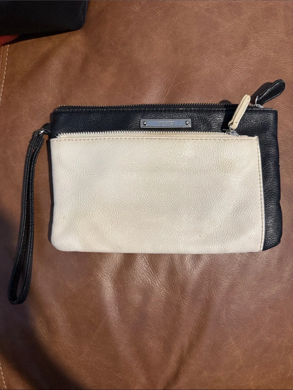 Nine West Black and Cream Leather Wristlet Clutch